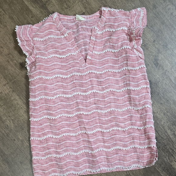 Papaya Tops - LAYERZ Red and White Gingham V Neck Checkered Top Sz S Pom‎ Pom Detail